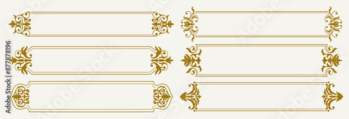 Golden Victorian and arabesque frame decor. Vector set of retro decorations with gold ornate and intricate patterns, flourishes and embellishments. Decorative, elegant, antique and luxury frames