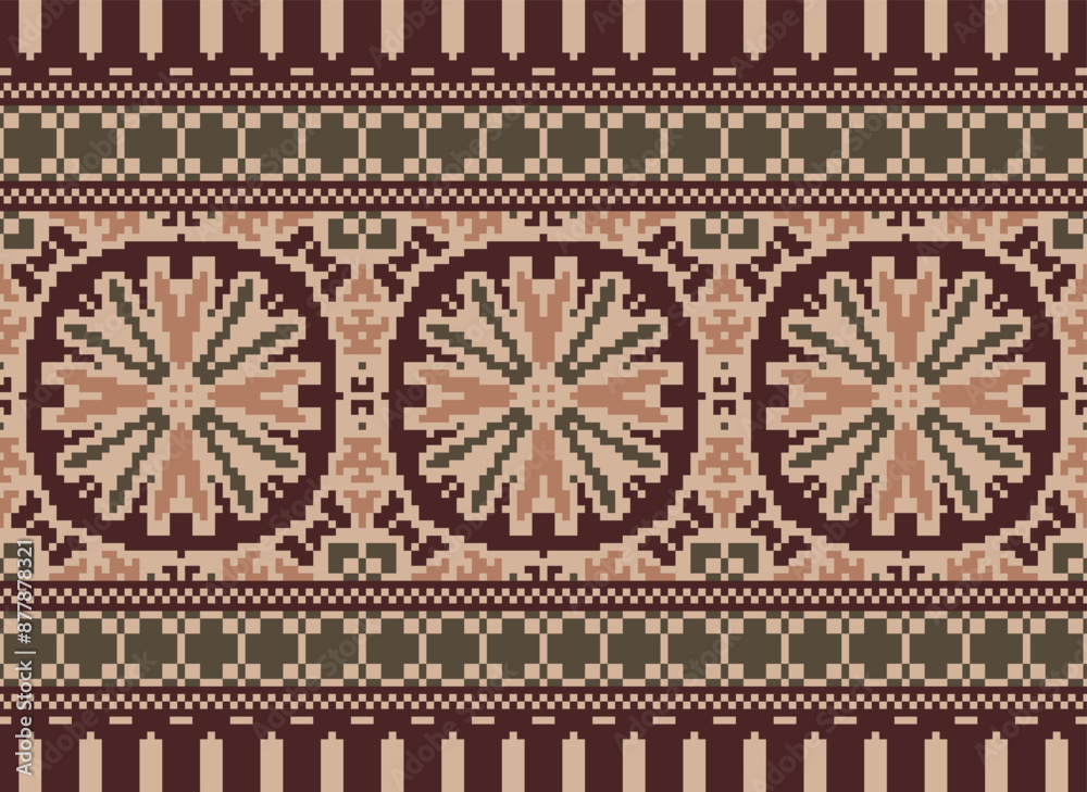 Pixel ethnic seamless pattern design. Aztec fabric mandala textile wallpaper. Tribal native motif boho ornament African American Indian folk Pixel ethnic seamless pattern design. Aztec fabric mandala textile wallpaper. Tribal native motif boho ornament African American Indian folk