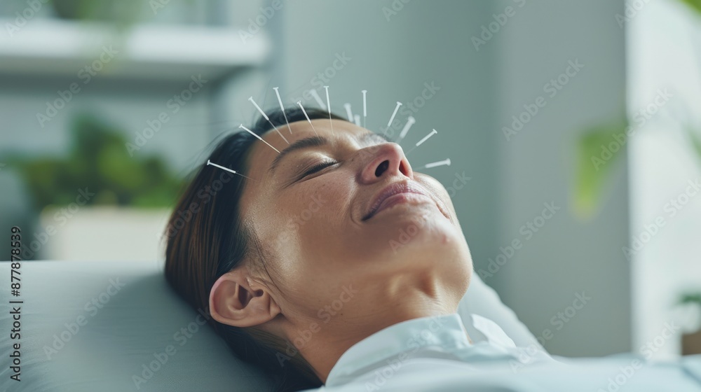 Fototapeta premium Woman receiving acupuncture treatment, relaxing with needles on her face in serene spa setting, promoting wellness and traditional therapy.