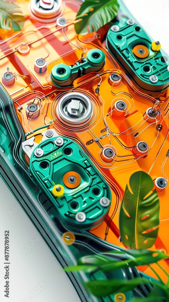 Fototapeta premium Futuristic digital machine with glowing circuits and gears.