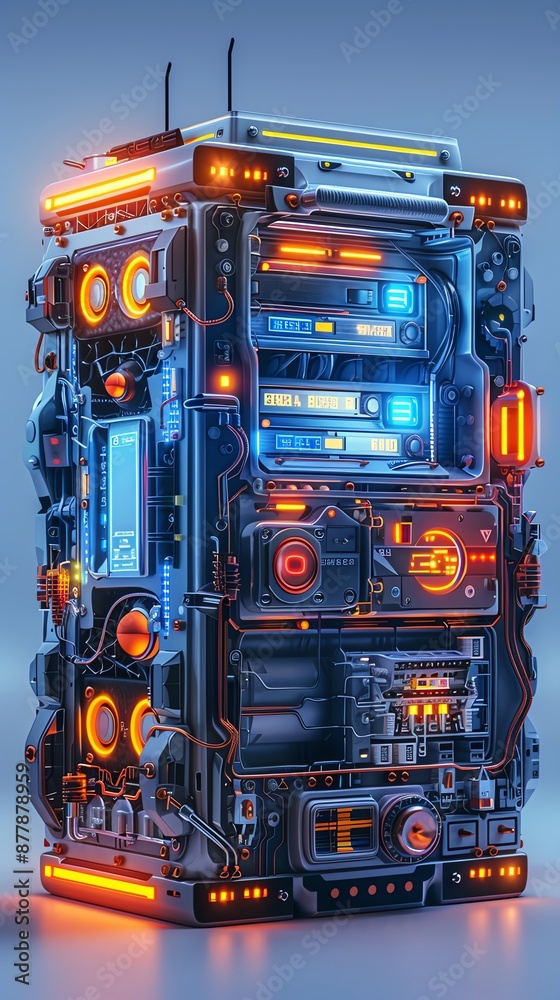 Fototapeta premium Futuristic technology device with orange and black design, isolated on white background.