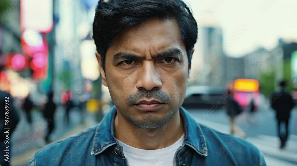 Man serious face portrait on a city street Man serious face portrait on a city street