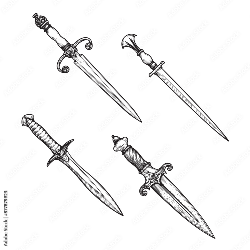 Vintage daggers set. Hand drawn sketch style medieval weapon collection ...