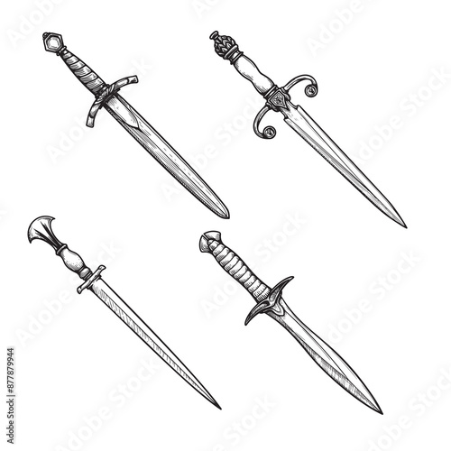 Vintage daggers set. Hand drawn sketch style medieval weapon collection. Best for tatoo and retro historical designs. Vector illustration isolated on white.