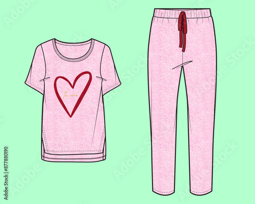 ladies nightwear short sleeve crew neck t-shirt and trouser loungewear fashion illustration flat sketch vector. 