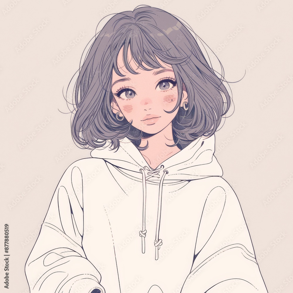 hand drawn style illustration of cute girl in hoodie, beige background - hand drawn style illustration of cute girl in hoodie, beige background -