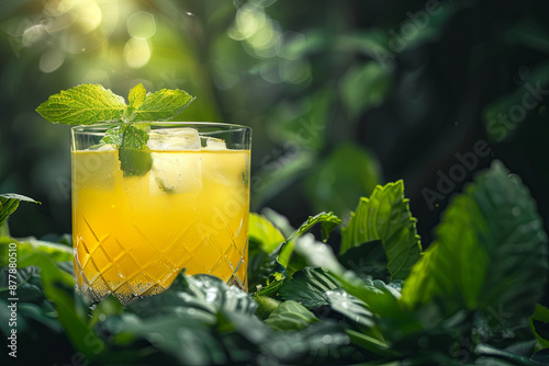 Glowing glass filled with a bright yellow drink, harmonizing with lush greenery photo