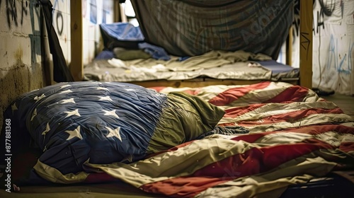 Homeless veteran with American flag, street, despair, military uniform, urban, poverty, neglect, hardship, symbol. Generative by AI.