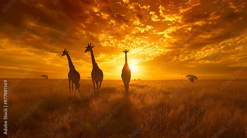 Giraffes gracefully stroll across the savannah of the Serengeti in ...