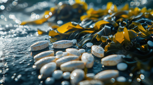 Health Supplement: Iodine Pills with Seaweed and Fish Background photo