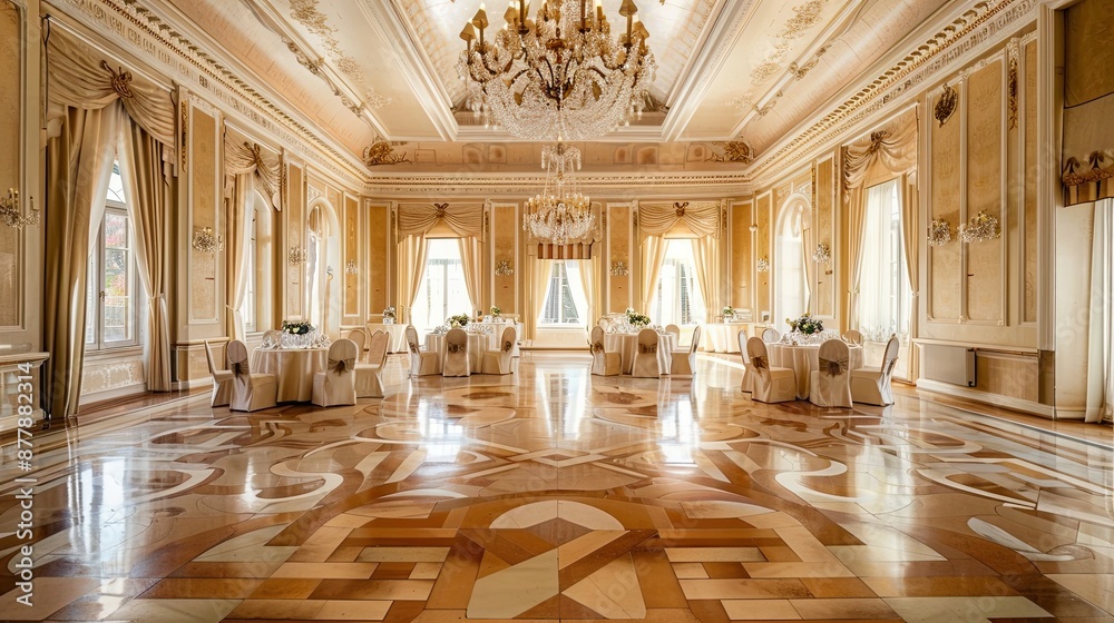 Fototapeta premium Elegant banquet hall with luxurious decor, chandeliers, and round tables set for a formal event or wedding reception.
