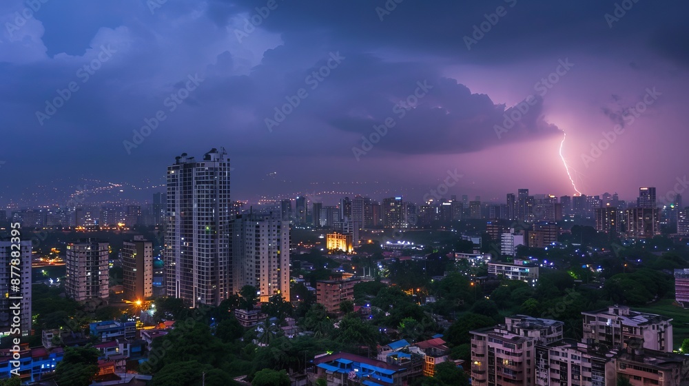 During the rainy season on July 15, 2016, a lightning storm with thunderbolts illuminated the residential towers in Thane City, Maharashtra, India (Bharat) During the rainy season on July 15, 2016, a lightning storm with thunderbolts illuminated the residential towers in Thane City, Maharashtra, India (Bharat)