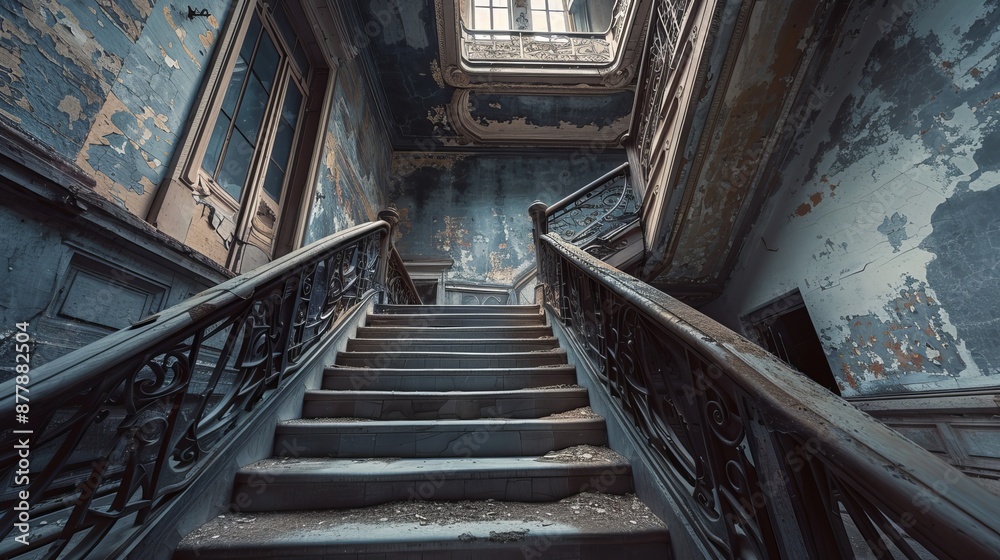 Obraz premium A low-angle view captures the grandeur of an old building's staircase, emphasizing its architectural details and empty space, evoking a sense of historical charm and elegance.