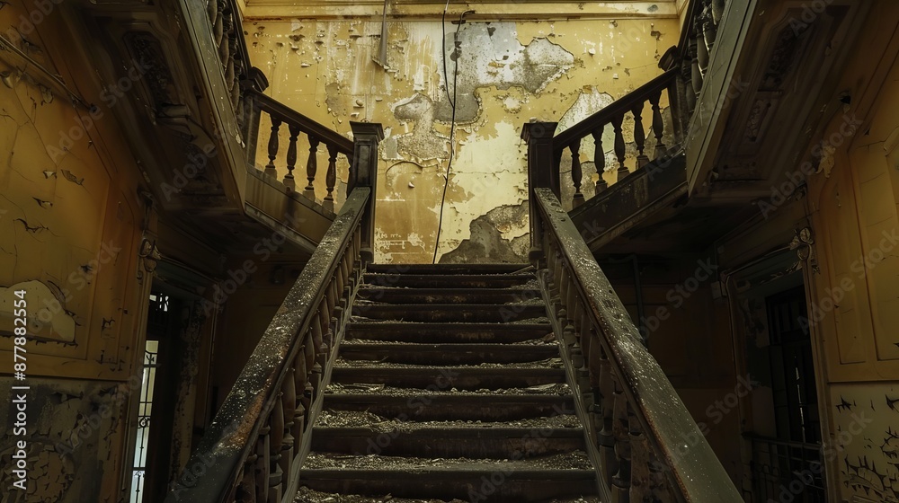 A low-angle view captures the grandeur of an old building's staircase, emphasizing its architectural details and empty space, evoking a sense of historical charm and elegance. A low-angle view captures the grandeur of an old building's staircase, emphasizing its architectural details and empty space, evoking a sense of historical charm and elegance.