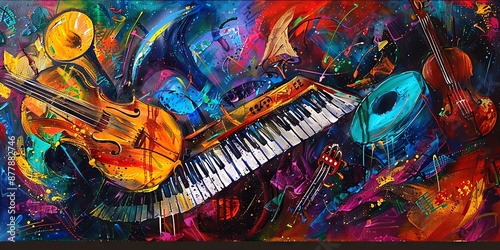 Vibrant Musical Composition with Instruments in Abstract Art