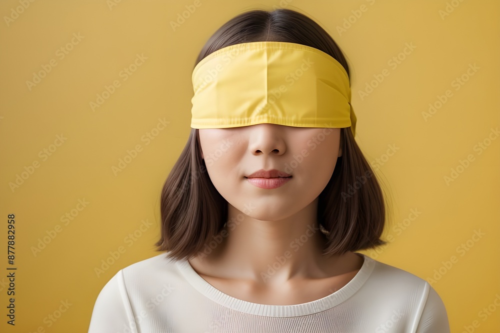 In the warmth of yellow, she stands with quiet grace. A young woman, blindfolded, yet her beauty is radiant.
