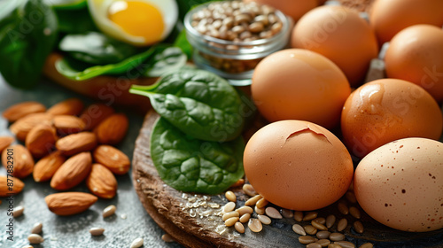 Healthy Diet Concept: Vitamin B7 (Biotin) Capsules Among Eggs, Almonds, and Spinach photo