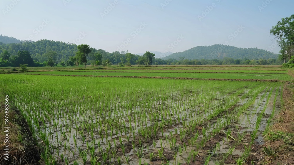 Obraz premium A picturesque paddy field in a village in Chhattisgarh, India, showcases lush green rice paddies stretching under the clear sky