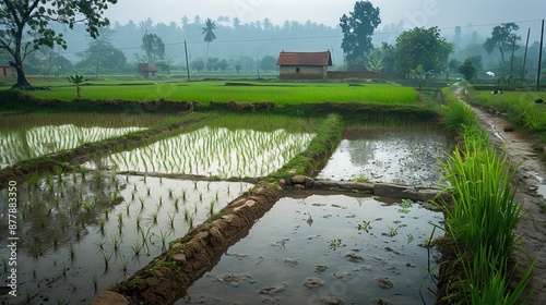 A picturesque paddy field in a village in Chhattisgarh, India, showcases lush green rice paddies stretching under the clear sky