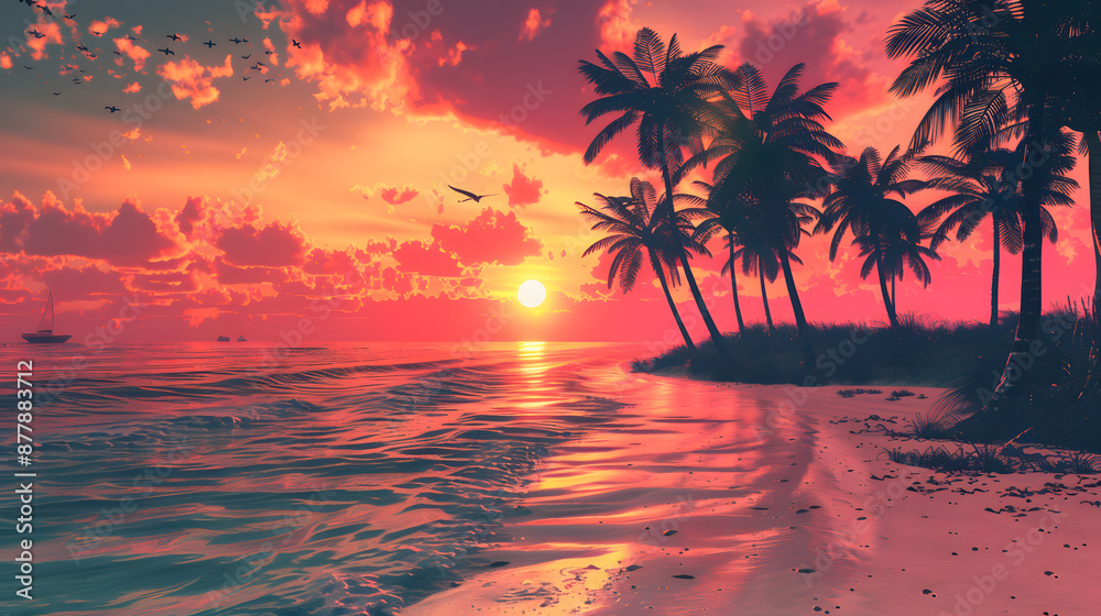 Obraz premium A sunset on a retro-themed tropical island, palm trees bathed in the warm glow of the setting sun.