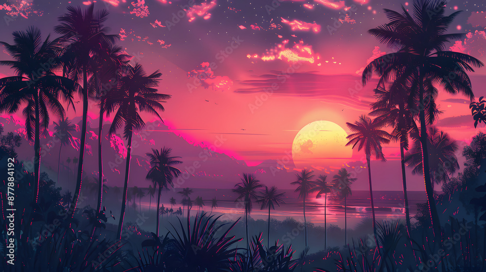 Obraz premium A sunset on a retro-themed tropical island, palm trees bathed in the warm glow of the setting sun.