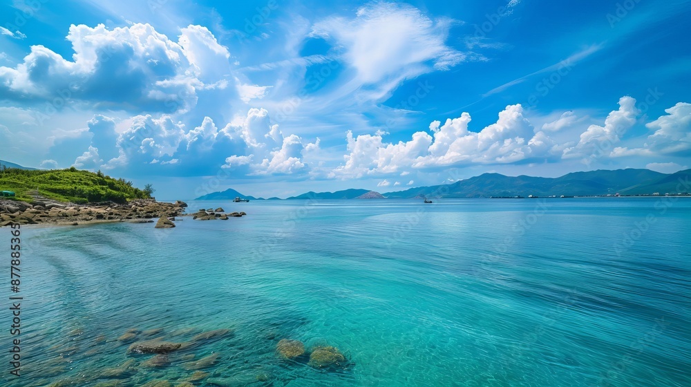Fototapeta premium In Nha Trang, Vietnam, the azure sea stretches out to embrace scattered islands in its tranquil embrace.