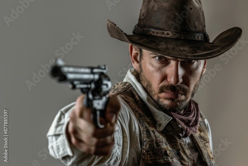 Cowboy in classic Western attire points a gun, capturing the rugged essence of traditional Westerns. This dramatic close-up is perfect for stories about the Wild West. Generative AI © Olsek