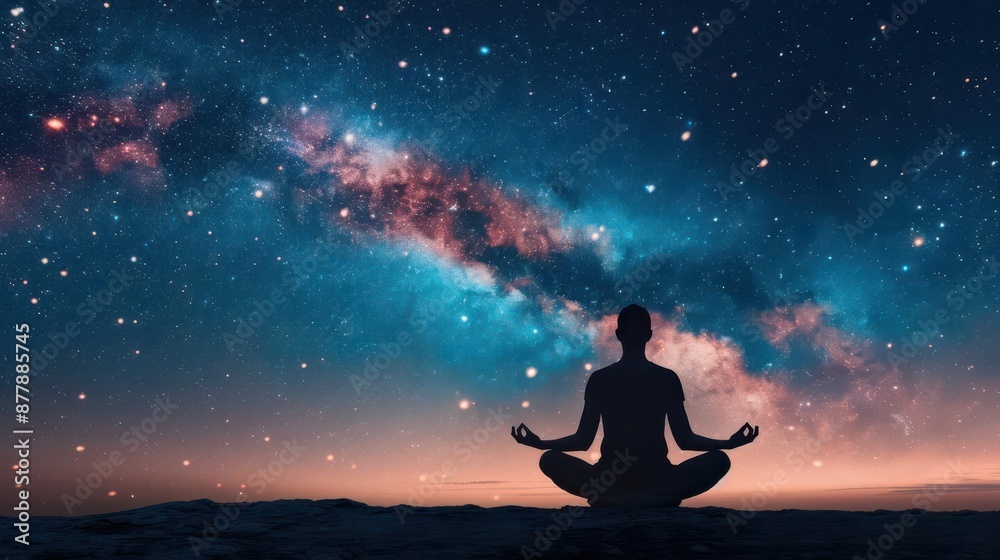 Silhouette of a person meditating with cosmic energy and celestial bodies around meditation cosmic energy celestial bodies silhouette spirituality peace universe astral calmness ni Silhouette of a person meditating with cosmic energy and celestial bodies around meditation cosmic energy celestial bodies silhouette spirituality peace universe astral calmness ni