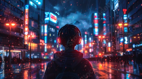 Boy in cyberpunk style city  neon lights