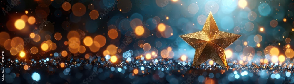Star trophy, gold finish, bokeh light backdrop, glowing, celebratory mood, realistic style Star trophy, gold finish, bokeh light backdrop, glowing, celebratory mood, realistic style