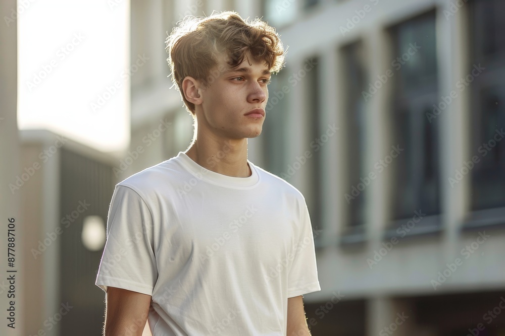 A serious young man with wavy brown hair stands in urban setting wearing a white t-shirt, staring straight ahead under the bright sun