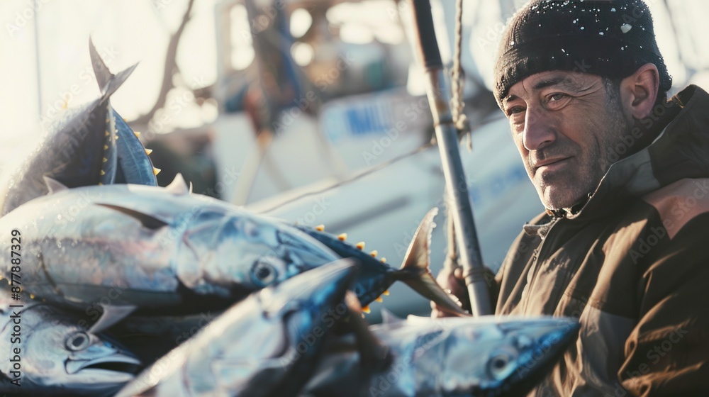 Obraz premium Fisherman with Catch of Tuna on Boat