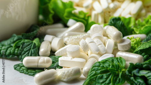 Macro View of Vitamin B2 Capsules Among Dairy Products and Green Vegetables, Ideal for Health Campaigns photo