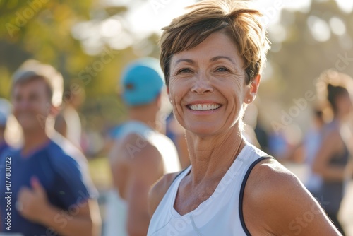 A happy, middle-aged woman in a white sports top stands confidently at the starting line of a race, smiling and looking directly at the camera