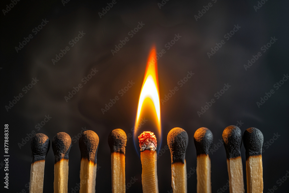lit match is surrounded by unlit matches lit match is surrounded by unlit matches