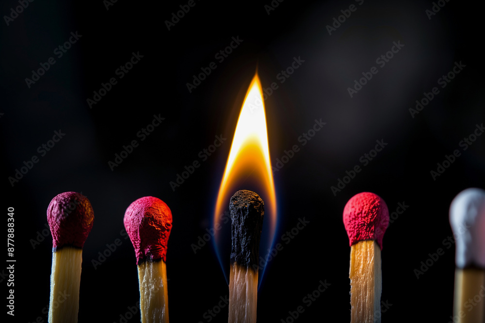 lit match is surrounded by unlit matches lit match is surrounded by unlit matches