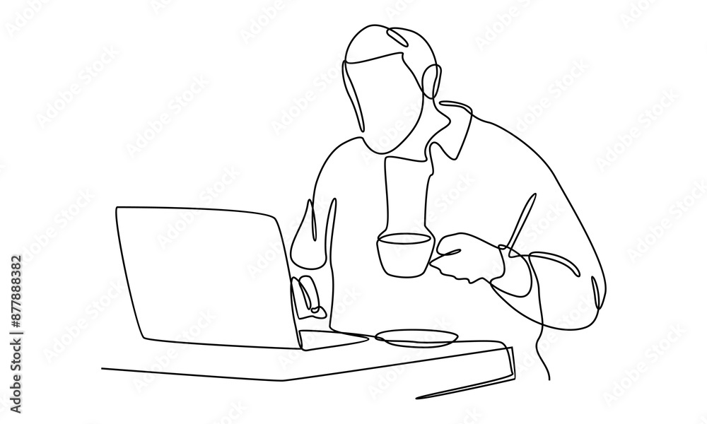 continuous line art of man with laptop computer continuous line art of man with laptop computer