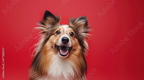 Portrait photography of a cute little Shetland Sheepdog happy smiling , studio shot isolated on single color background ,editorial style, shoot by DSLR .