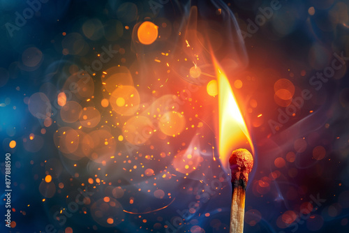  match is lit and the flame is yellow. The image has a blurry background and a lot of light and dark areas