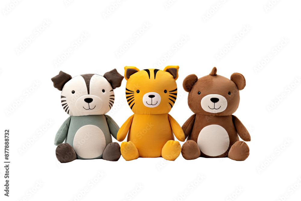 Obraz premium Cutout set of three adorable stuffed animal toys isolated on transparent white background in PNG style