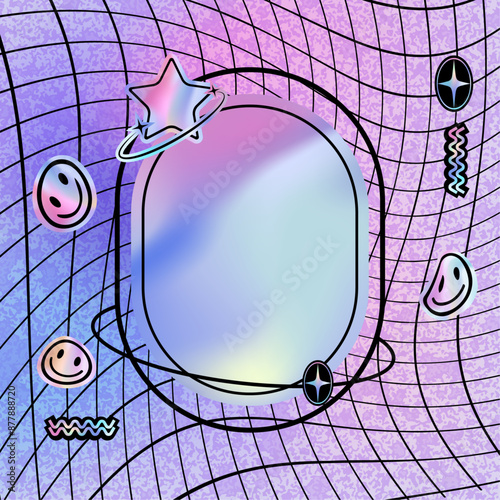 Holographic Retro Seamless Pattern in gradient Colors. Abstract trippy background with with liquid flowing lines in holographic rainbow colors.