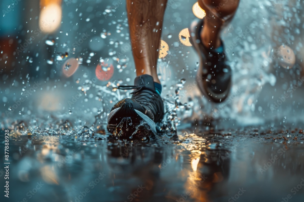 A close-up shot of a runner's foot in a running shoe splashing through a puddle of water on a rainy city street