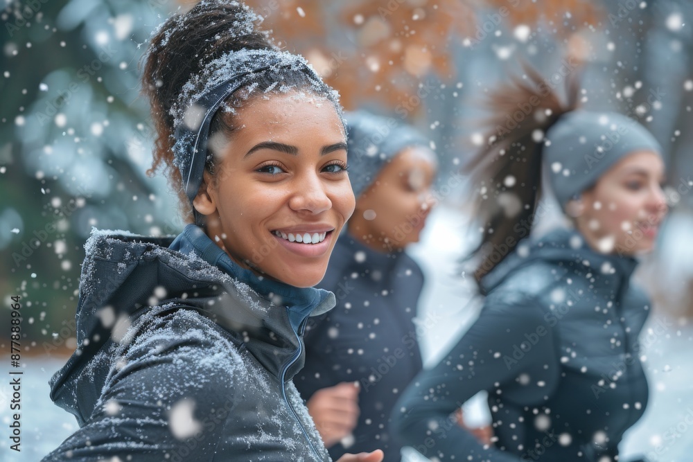 Young women jog cheerfully in a city park during a snowy winter day Young women jog cheerfully in a city park during a snowy winter day