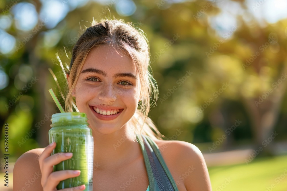 A young woman in athletic wear smiles while holding a green detox drink outdoors A young woman in athletic wear smiles while holding a green detox drink outdoors