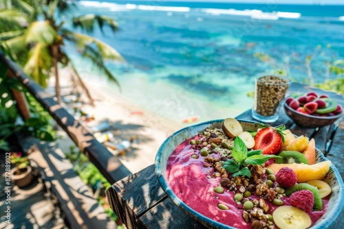 Fototapeta Naklejka Na Ścianę i Meble -  A vibrant and colorful tropical fruit smoothie bowl with assorted fresh fruits, nuts, and granola, set against a stunning backdrop of a tropical beach and ocean
