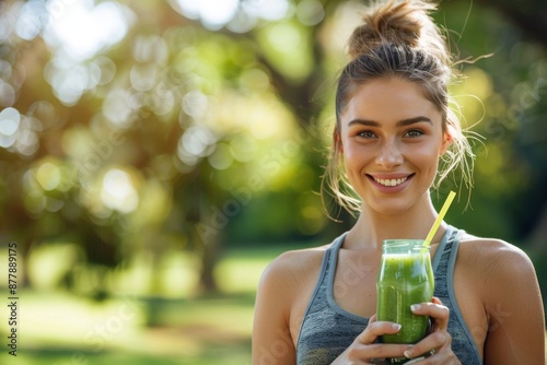 A young woman, wearing athletic attire, smiles and holds a green detox drink outdoors with a park in the background