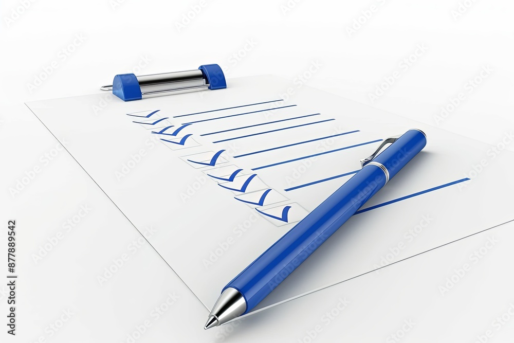 3D Checklist with Blue Pen on White Background, Close-Up View. Concept of Organization, Planning, and Task Management. 3D Checklist with Blue Pen on White Background, Close-Up View. Concept of Organization, Planning, and Task Management.