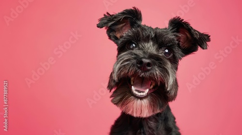 Portrait photography of a cute little Miniature Schnauzer happy smiling , studio shot isolated on single color background ,editorial style, shoot by DSLR .