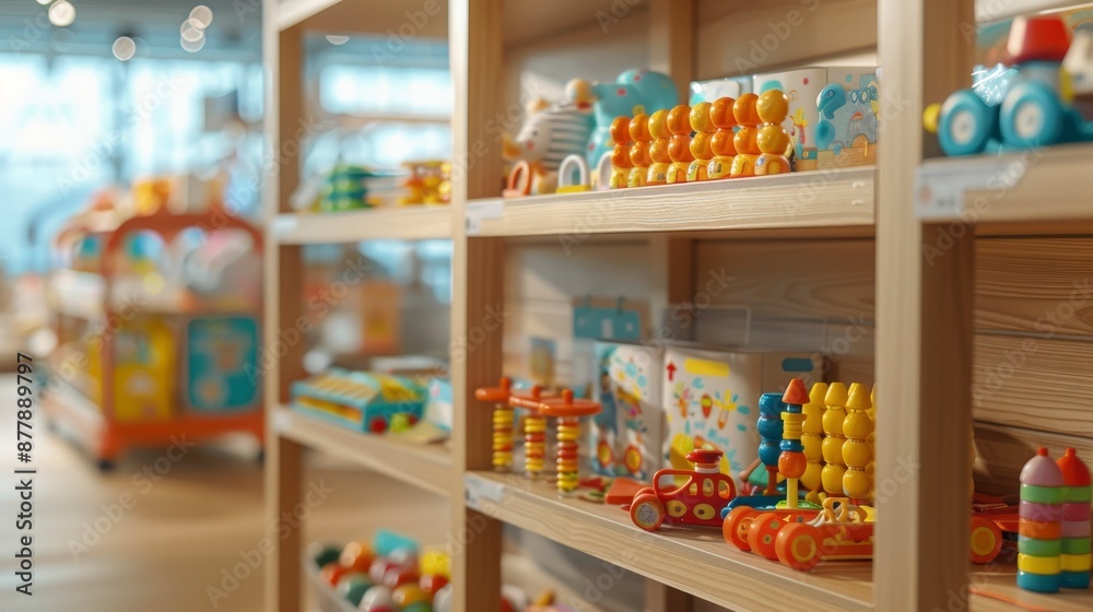 Obraz premium Colorful Wooden Toys on Shelf in Toy Store.