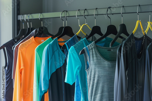 rack of clothes with a variety of colors hanging on it. The clothes are hanging in a row, and there are at least ten different colors © lashkhidzetim